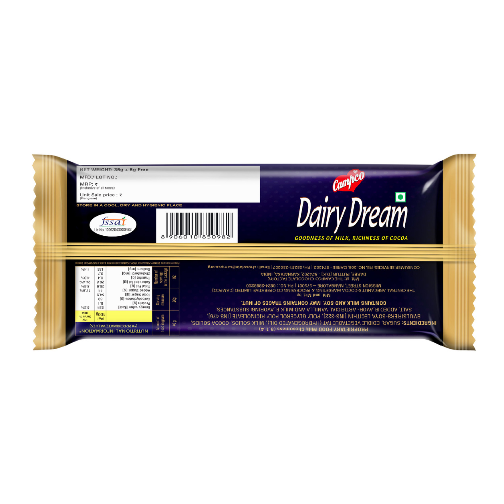 Campco Dairy Dream Milk Chocolate – 40g × 12 Pieces