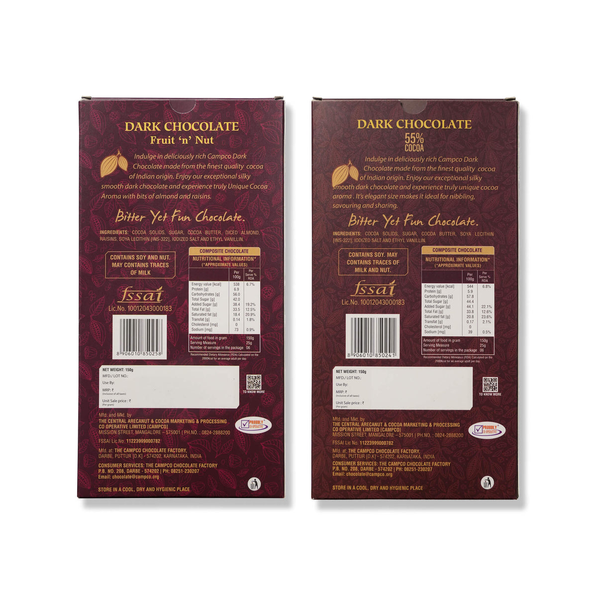 CAMPCO Dark Chocolate Combo Pack - 2 x Fruit 'n' Nut + 2 x 55% Cocoa (4 x 150g)