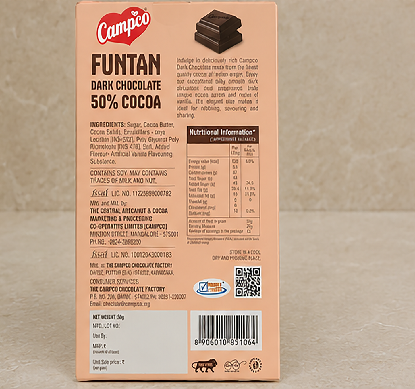 Campco Funtan Dark Chocolate – 50g × 10 Pieces (MRP 800)